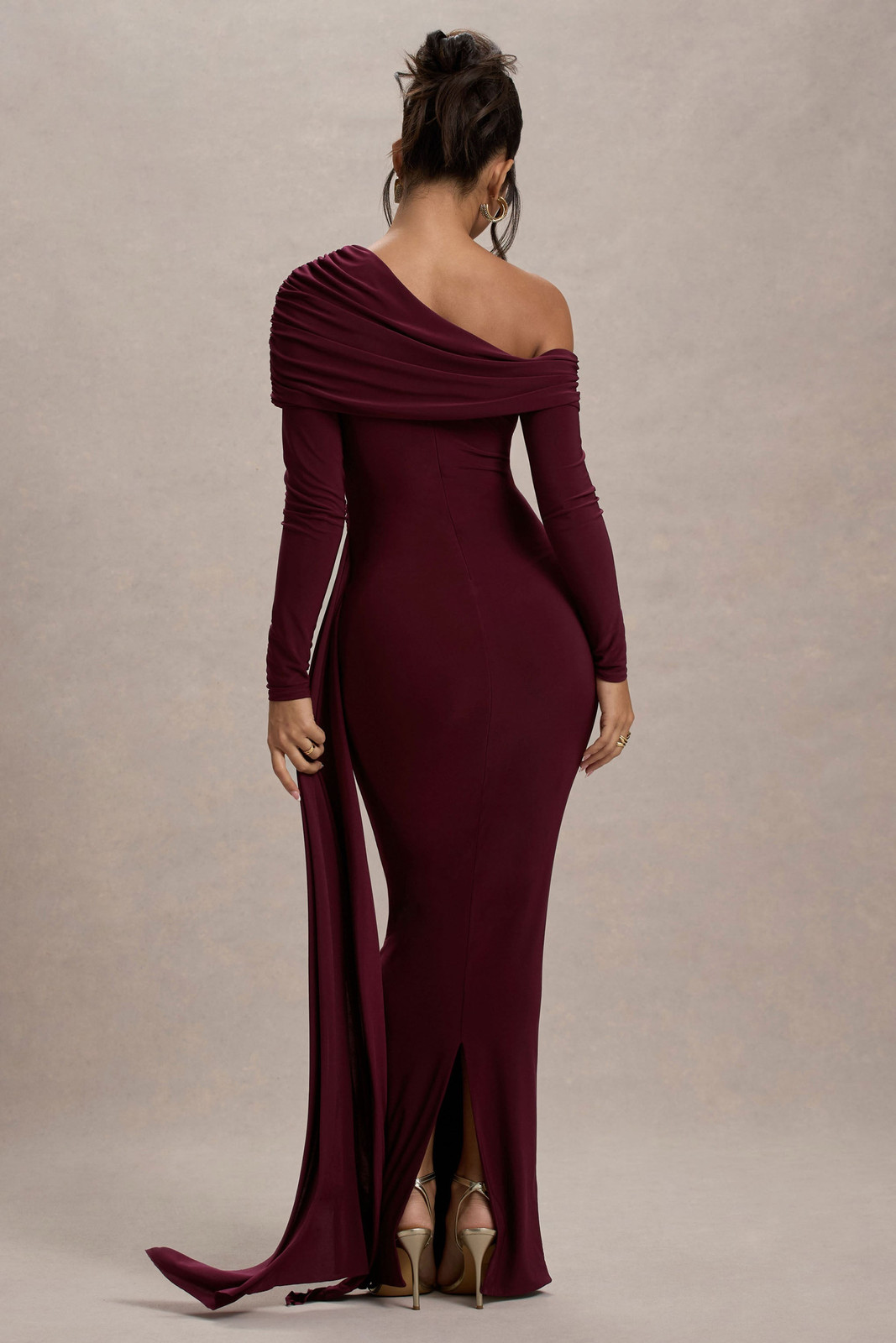 Burgundy Off-Shoulder Dress with Draped Overlay — Long Sleeve Dresses