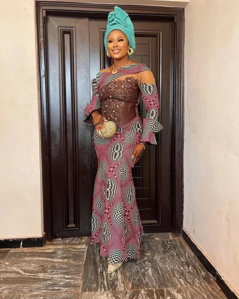 Fitted Ankara Maxi Dress with Mesh and Corset Detail Fitted Ankara Maxi Dress with Mesh and Corset Detail — Ankara Outfits