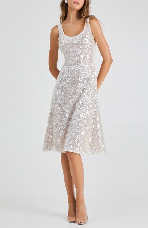 Silver Sequin A-Line Midi Dress for Cocktail Parties — Party Dresses