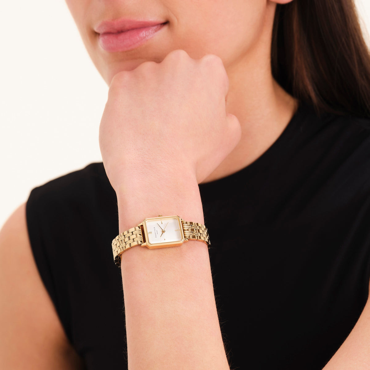 Black Sleeveless Top Rectangular Gold Watch with Black Top — Gold Watches for Women