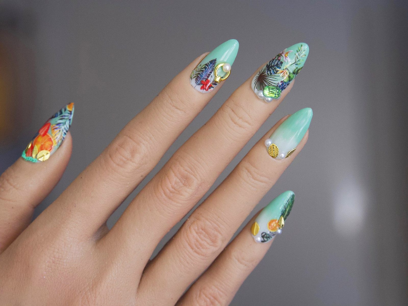 Mint Green Tropical Decal Stilettos — Miami Nails