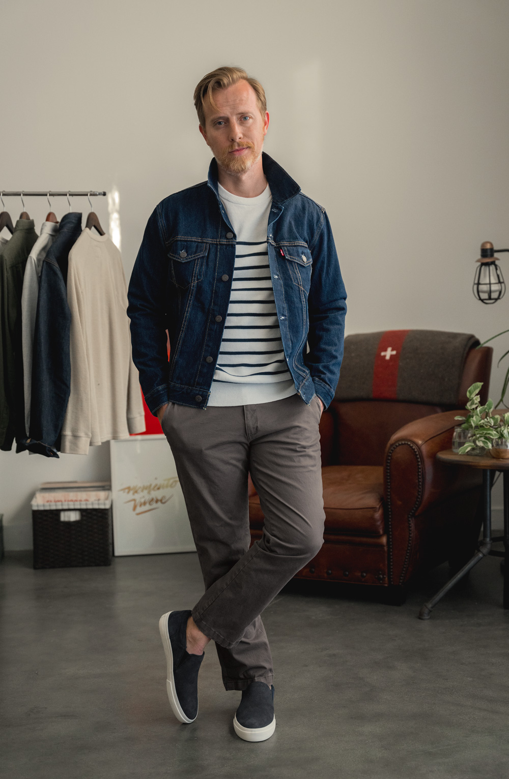 Layered Denim Casual: Jacket over Striped Tee — Mens Casual Outfits