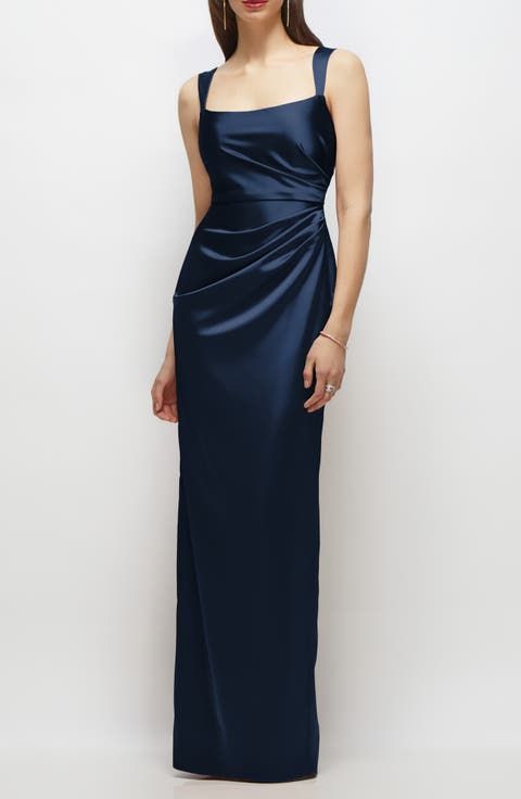 Navy Satin Formal Gown with Bodice Draping Navy Satin Formal Gown with Bodice Draping — Square Neck Dresses