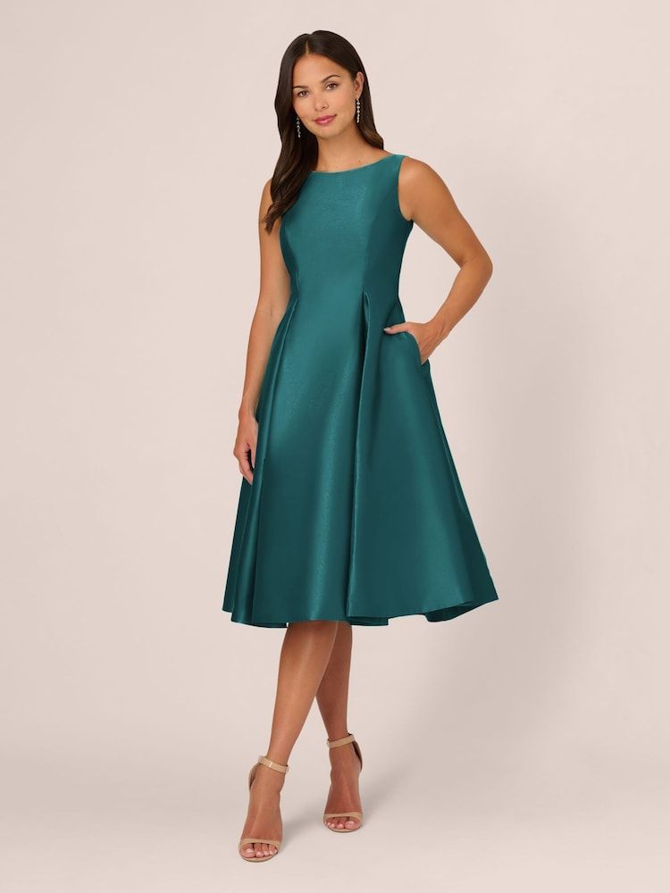 Deep Teal Satin A-Line Dress with Pleated Skirt and Pockets Deep Teal Satin A-Line Dress with Pleated Skirt and Pockets — Tea Length Dresses