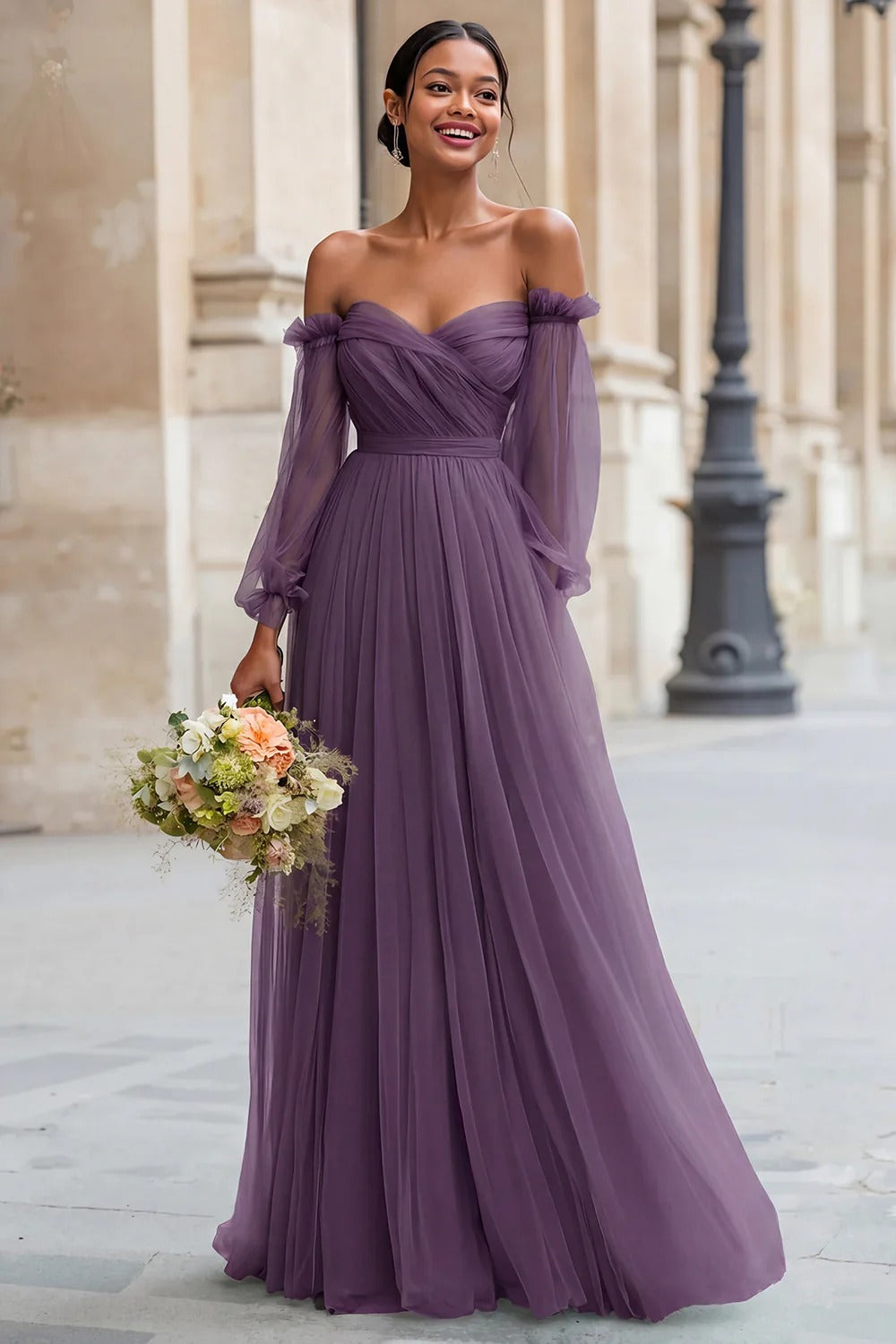 Eucalyptus Green Tulle A-Line Bridesmaid Dress with Sheer Sleeves Eucalyptus Green Tulle A-Line Bridesmaid Dress with Sheer Sleeves — Bridesmaid Dresses
