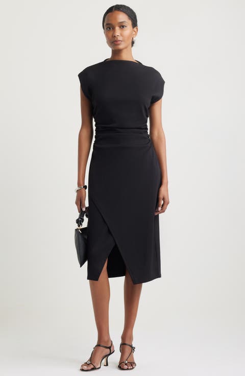 Asymmetrical Draped Midi Dress for Evening Elegance — Dark Feminine Outfits