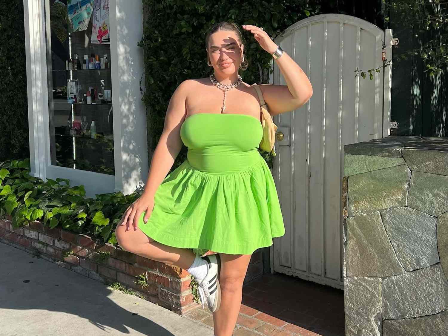 Strapless Dress with Fitted Bodice and Sneakers — Outfits for Short Torso