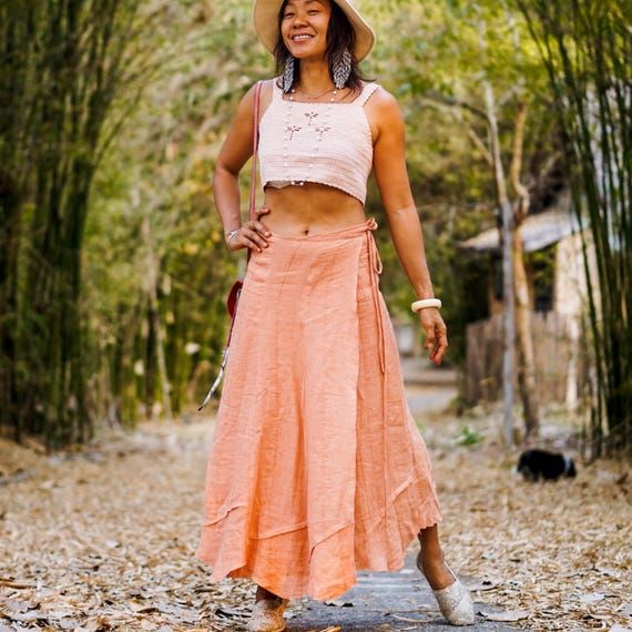 Bohemian Casual Peach Linen Wrap Maxi Skirt with Crochet Top Bohemian Casual Peach Linen Wrap Maxi Skirt with Crochet Top — Wrap Skirt Outfits