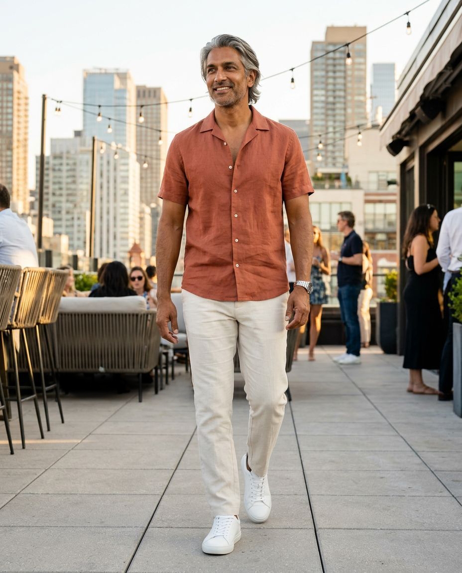 Rust Linen Shirt with Off-White Trousers for Summer Casual Rust Linen Shirt with Off-White Trousers for Summer Casual — Outfits for Men Over 50
