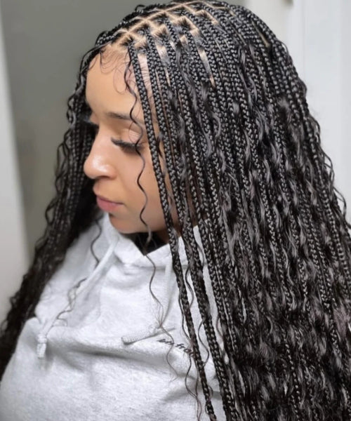 Long Black Box Braids with Wavy Ends — Boho Twists