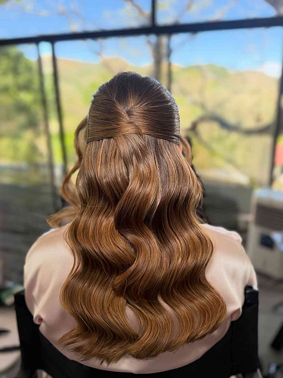 Half-Up Sleek Top With Warm Brown Waves Half-Up Sleek Top With Warm Brown Waves — Updos for Long Hair