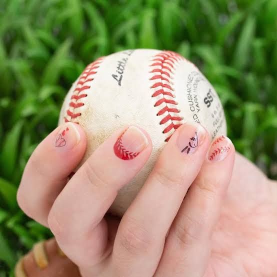 Short Square Softball Stitch Accents — Softball Nails