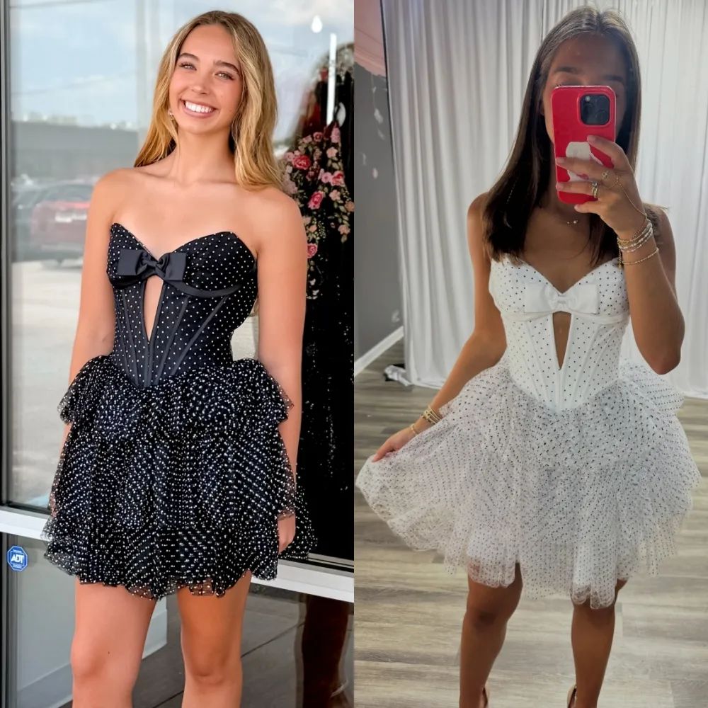 Black and White Polka Dot Tulle Dress: Bow Detail — Date Party Dresses
