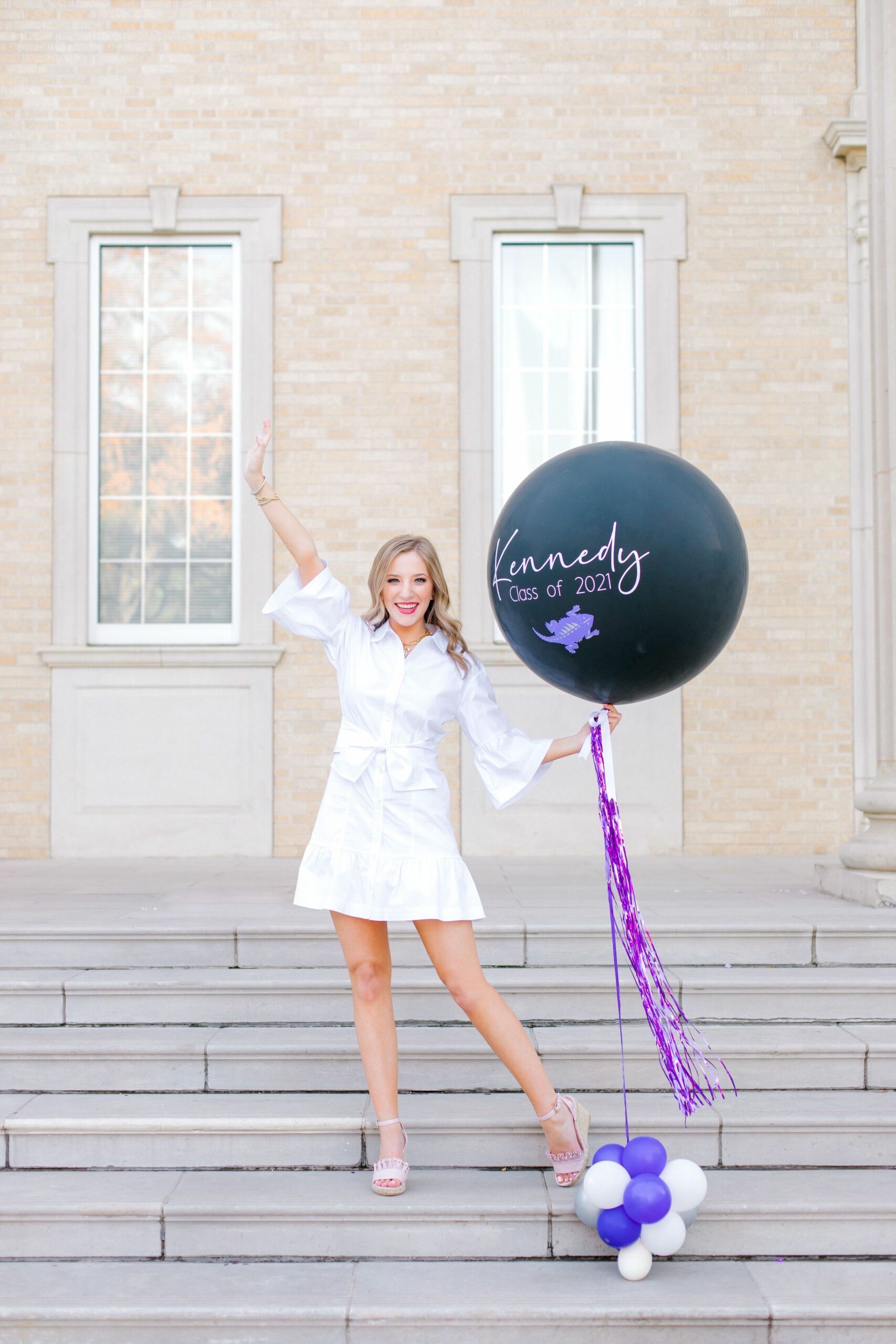 Classic White Shirt Dress with Graduation Balloon Classic White Shirt Dress with Graduation Balloon — Graduation Party Outfits