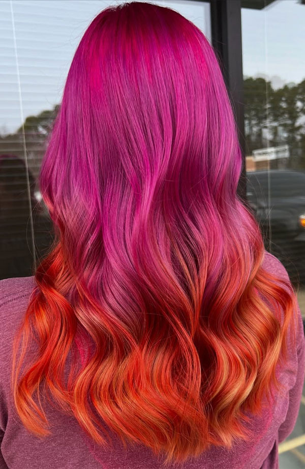 Long Layers Magenta to Orange Ombre Mid-Back — Magenta Hair
