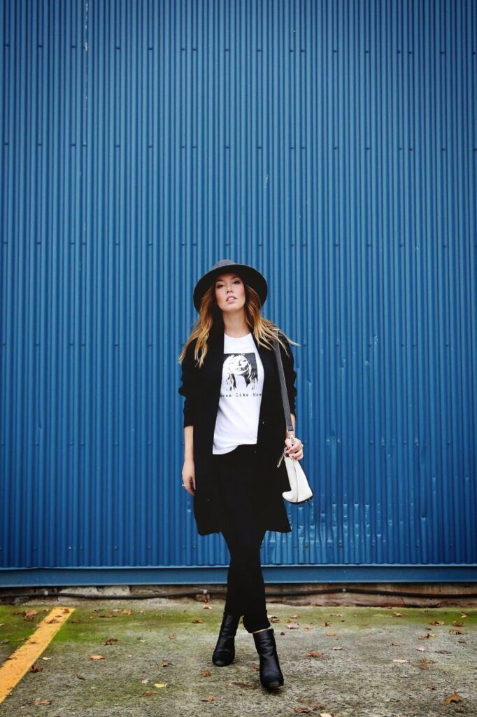 Monochromatic Black Coat with Graphic Tee — Vancouver Outfits