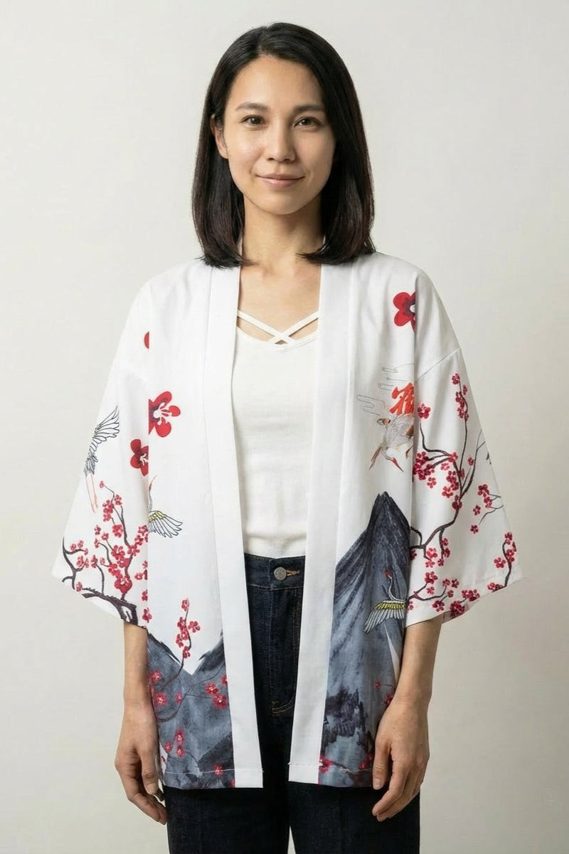 Scenic Print White Kimono with Denim — Kimonos
