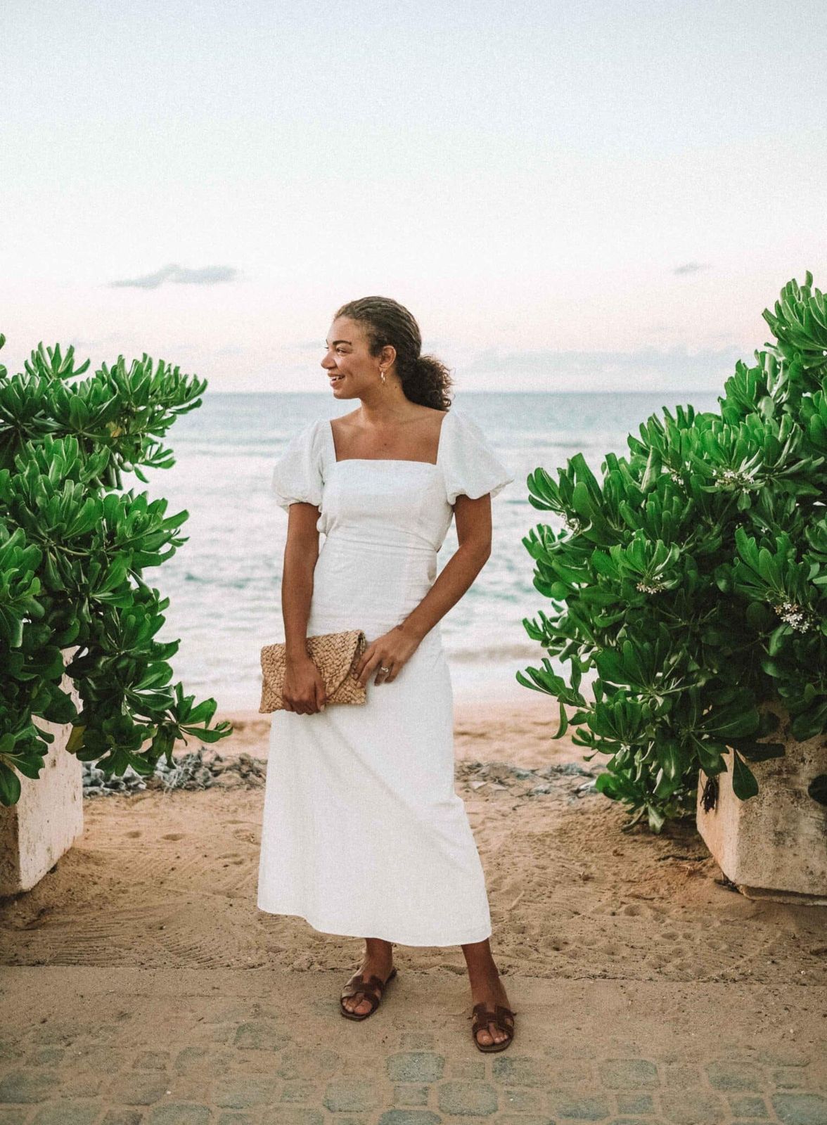 Off-White Midi Dress with Puff Sleeves for Beach Events Off-White Midi Dress with Puff Sleeves for Beach Events — Dominican Republic Outfits