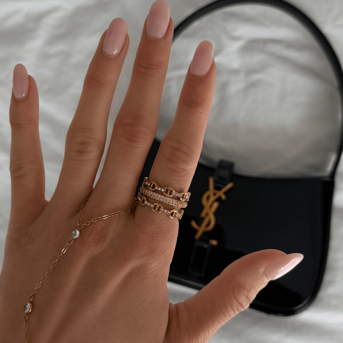 Chain-Link Stack with Hand Chain Chain-Link Stack with Hand Chain — Stacked Rings