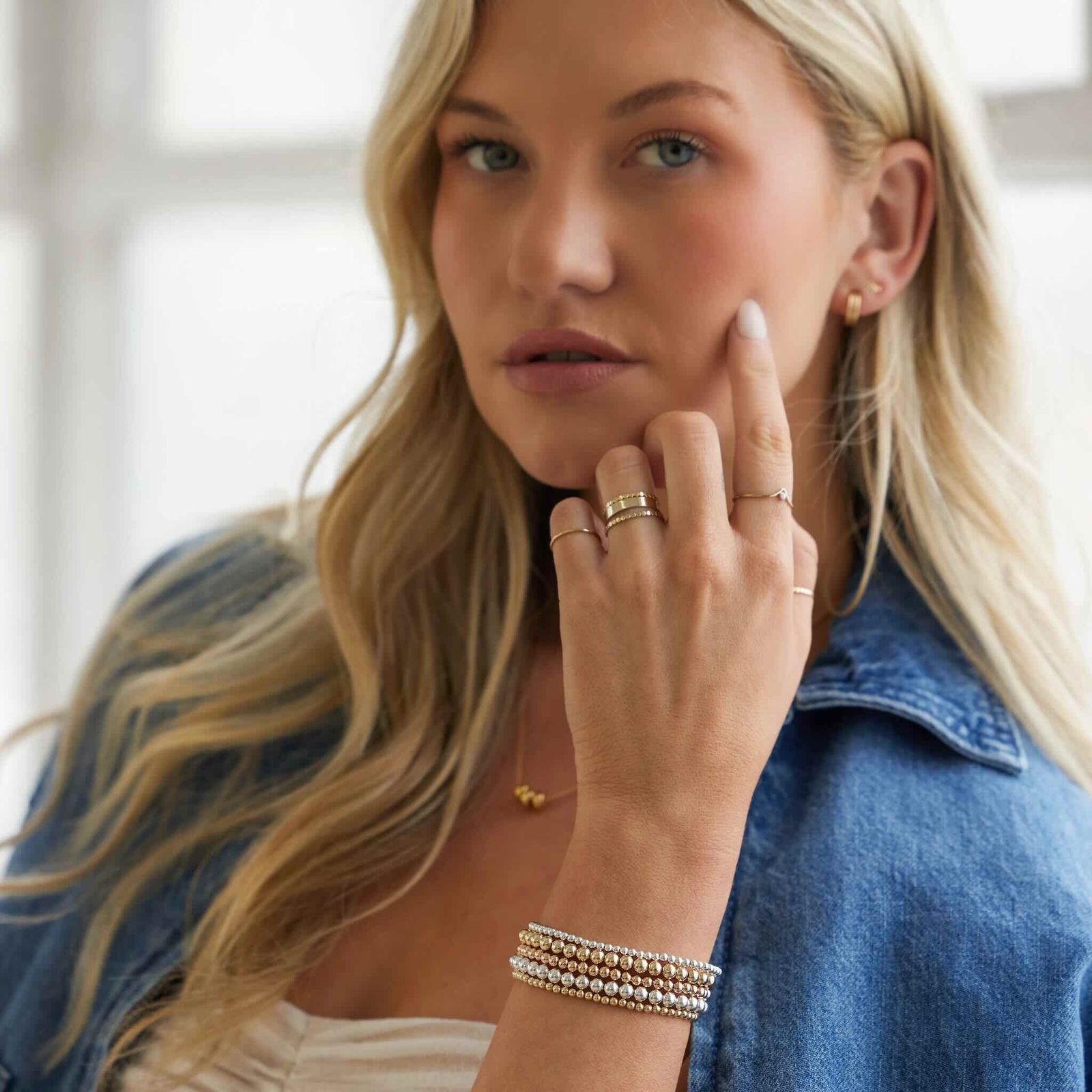 Beaded Gold and Silver Bangles with Denim Jacket — Bangle Stacks