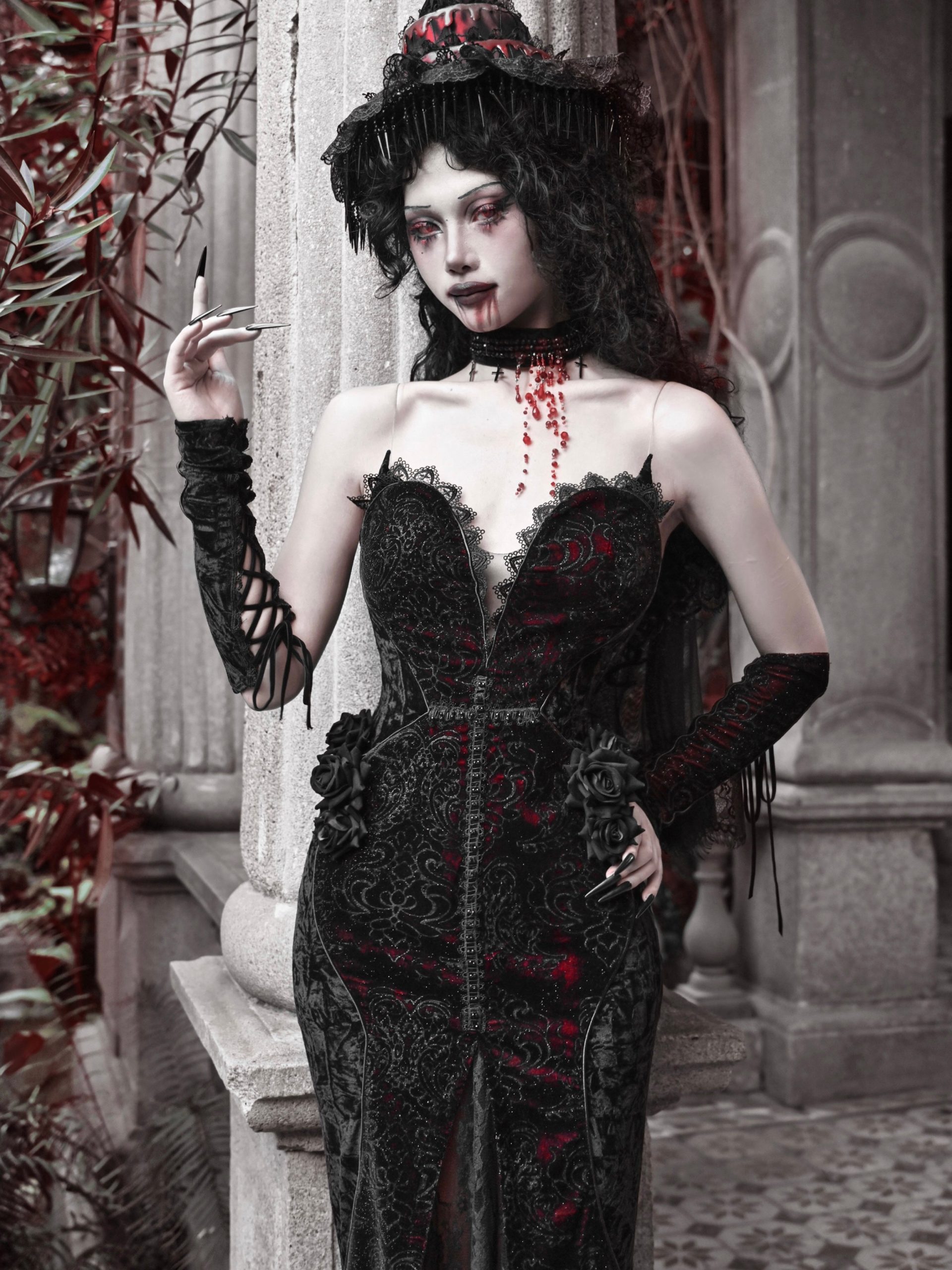 Black and Red Lace Mermaid Gown with Bloody Choker Black and Red Lace Mermaid Gown with Bloody Choker — Vampire Aesthetic Outfits