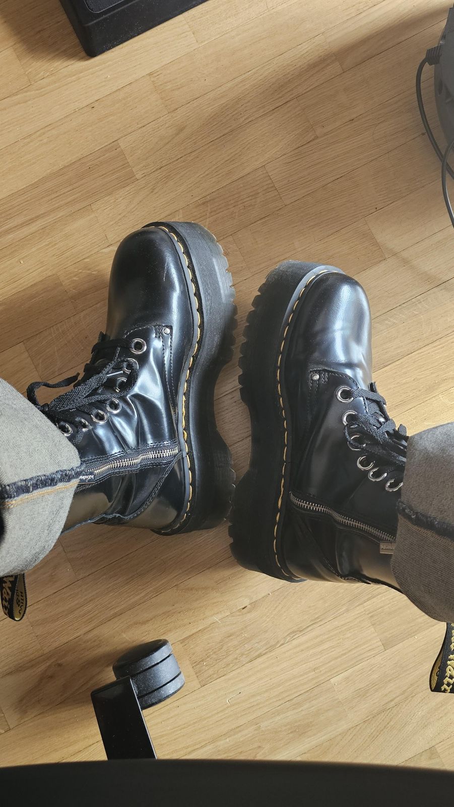 Textural Contrast: Patent Jadon Boots with Grey Jeans Textural Contrast: Patent Jadon Boots with Grey Jeans — Jadon Boots Outfits