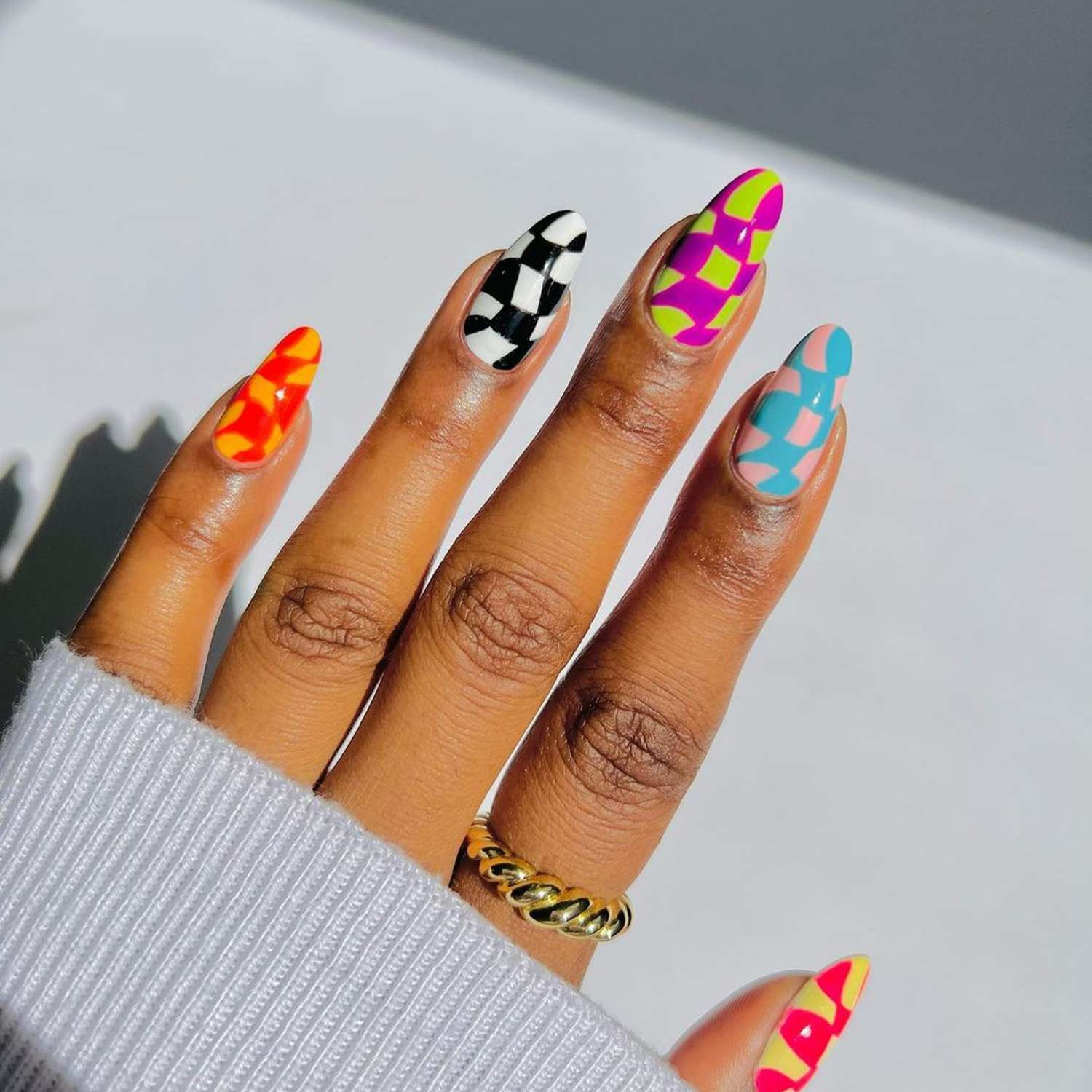 Bold Checkerboard Flame Stiletto Nails — Festival Nails
