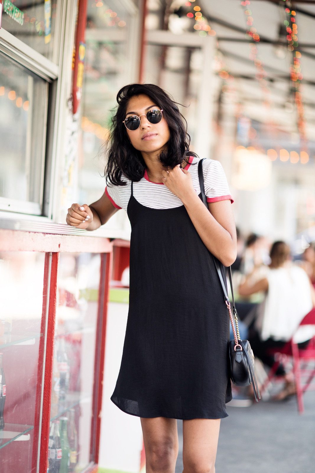 Sporty Casual: Black Slip Dress with Striped Tee and Ankle Boots Sporty Casual: Black Slip Dress with Striped Tee and Ankle Boots — Slip Dress Over T Shirt