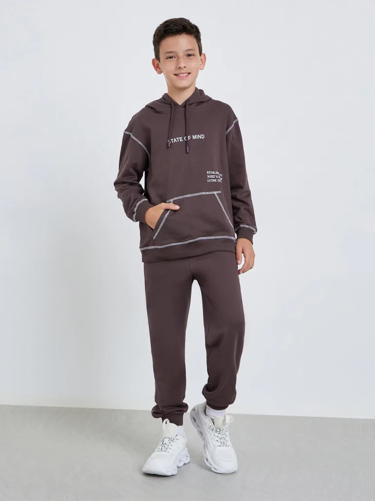 Coordinated Comfort: Brown Printed Hoodie and Joggers Set Coordinated Comfort: Brown Printed Hoodie and Joggers Set — Boys Outfits