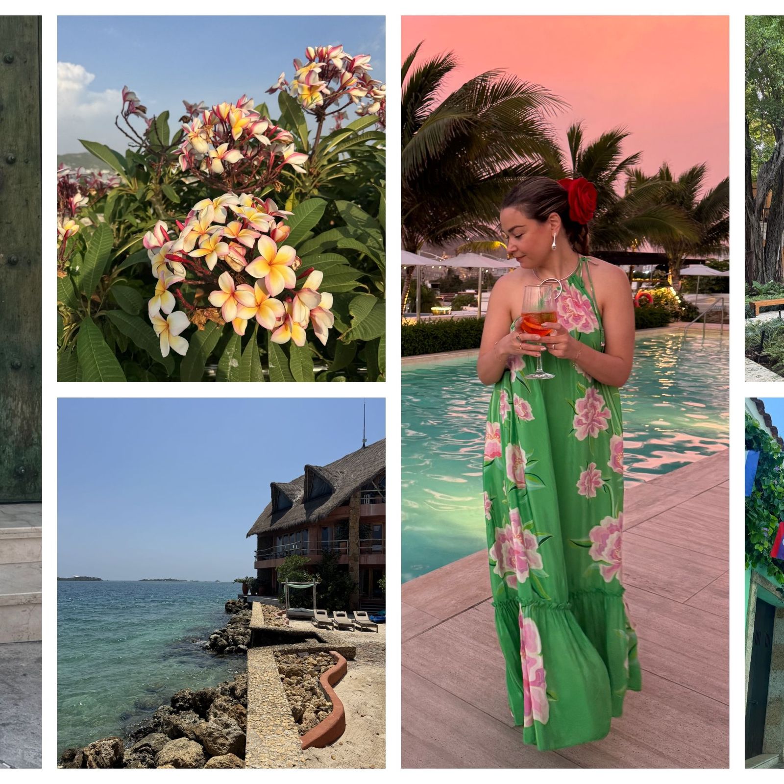 Vibrant Evening Florals: Green Maxi Dress with Red Flower Accent — Cartagena Outfits