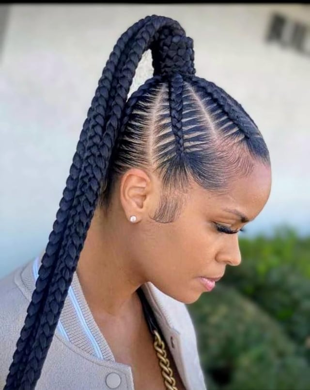 Sleek Black Stitch Braid Ponytail — Braided Ponytail