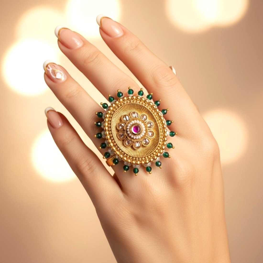 Pearl and Green Gemstone Floral Cocktail Ring — Cocktail Rings