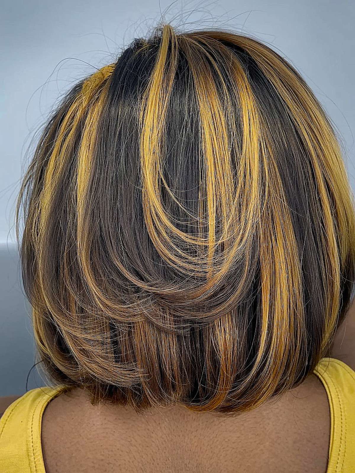 Dark Brown With Blonde Highlights Visual Idea — Silk Press with Layers
