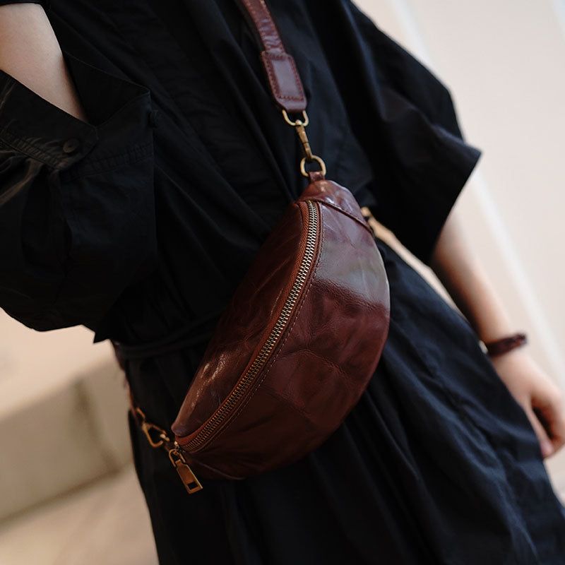 Waist Cinched: Brown Leather Fanny Pack Over Dress Waist Cinched: Brown Leather Fanny Pack Over Dress — Fanny Pack Outfits