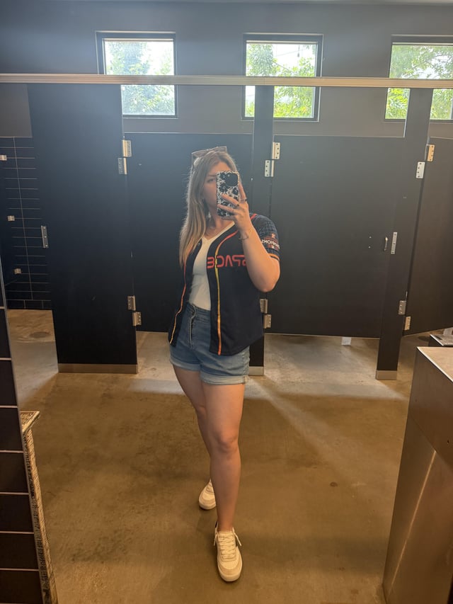Baseball Game Pinstripe Baseball Jersey with Denim Shorts — Baseball Game Outfits