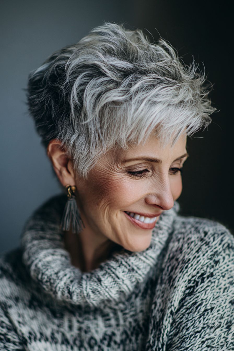 Piecey Silver Pixie With Side Part Piecey Silver Pixie With Side Part — Pixie Cut for Women Over 60