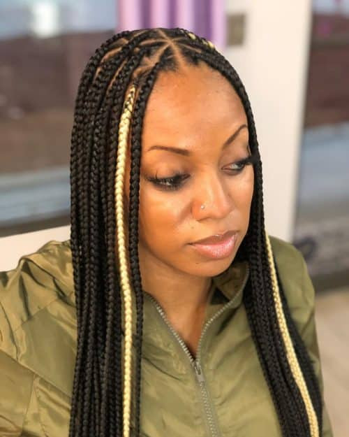 Mid-Back Striking Blonde Highlights in Triangle Part Braids Mid-Back Striking Blonde Highlights in Triangle Part Braids