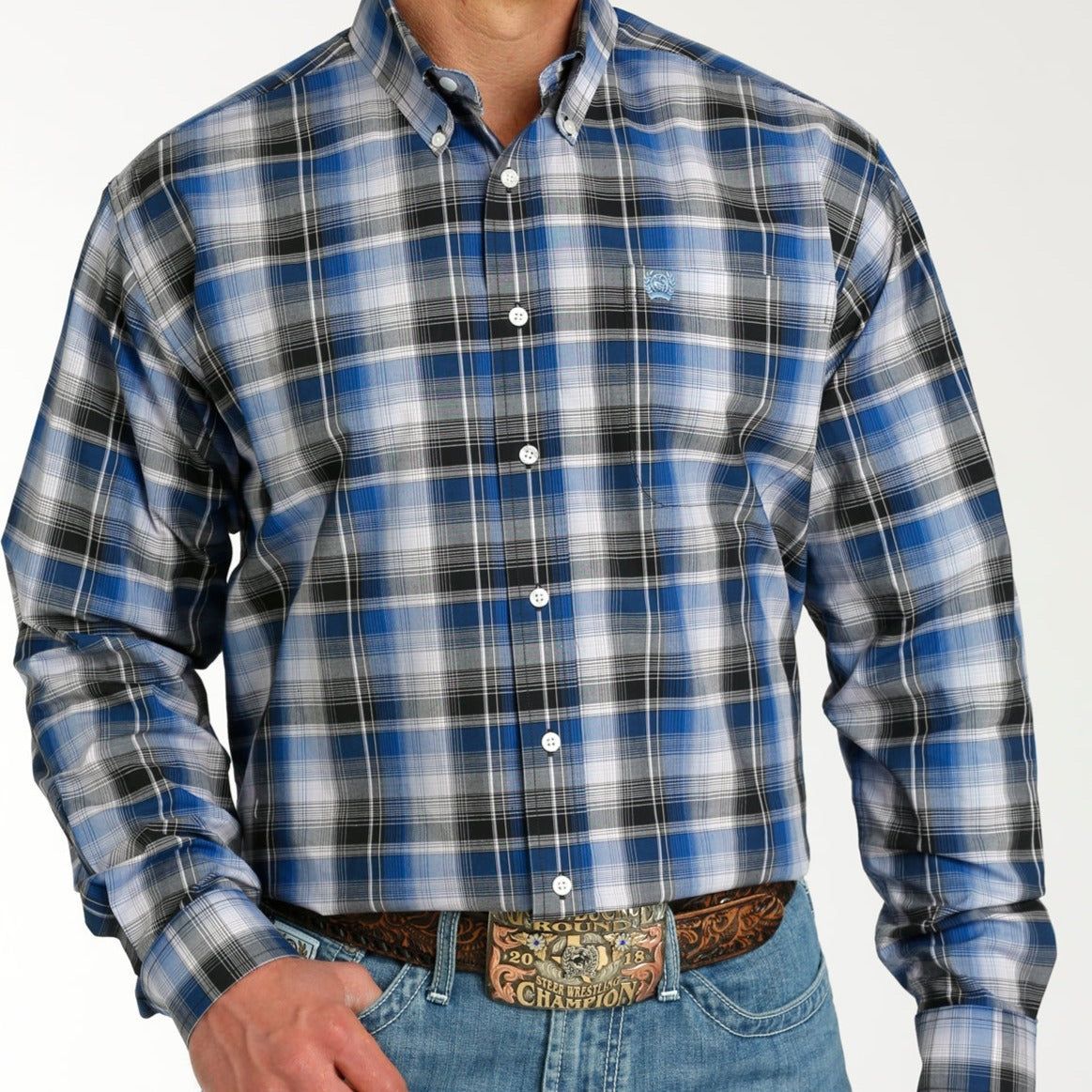 Plaid Cotton Button-Down with Statement Belt — Button Up Shirts