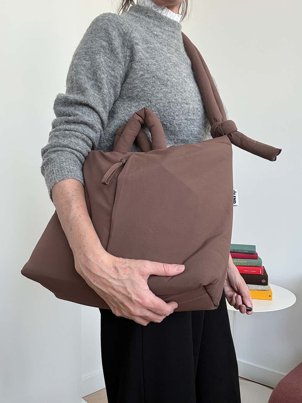 Puffy Brown Tote with Turtleneck and Loafers Puffy Brown Tote with Turtleneck and Loafers — Work Bags for Women