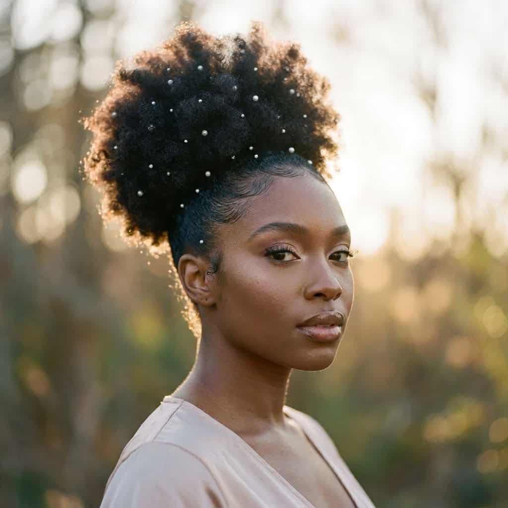 High Afro Puff With Pearl Adornments High Afro Puff With Pearl Adornments — Wedding Hairstyles for Black Women