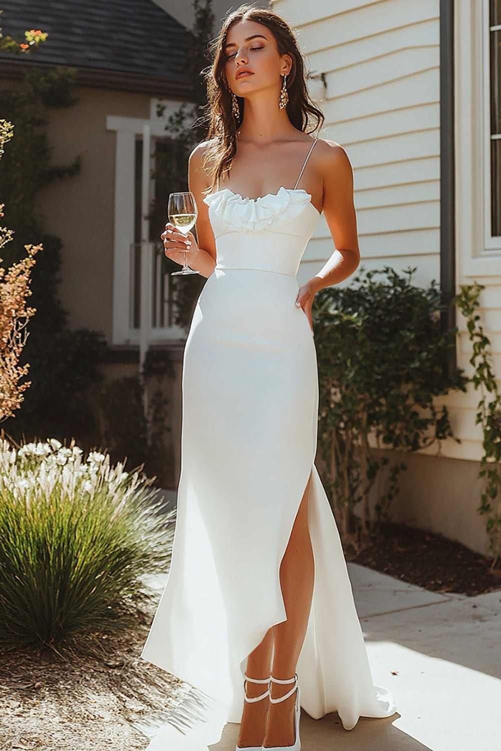 Elegant White Satin Gown with High Slit — Graduation Dresses