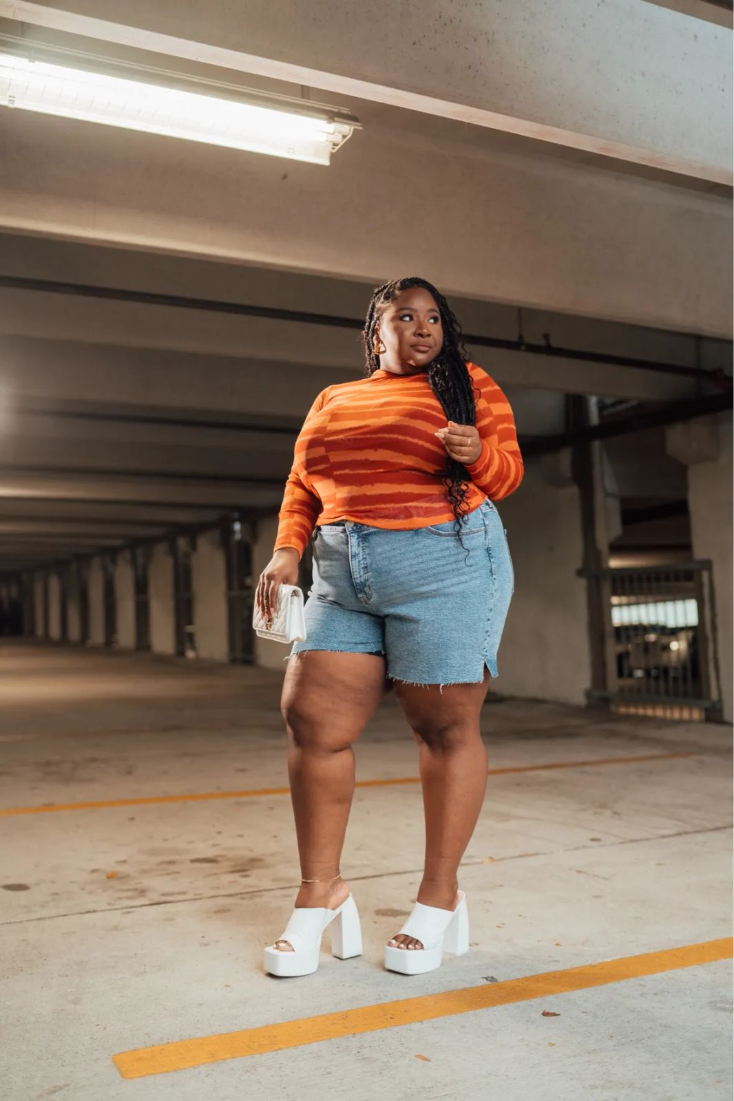 Light Blue Denim Shorts with Striped Top and Platform Heels Light Blue Denim Shorts with Striped Top and Platform Heels — Outfits for Big Thighs