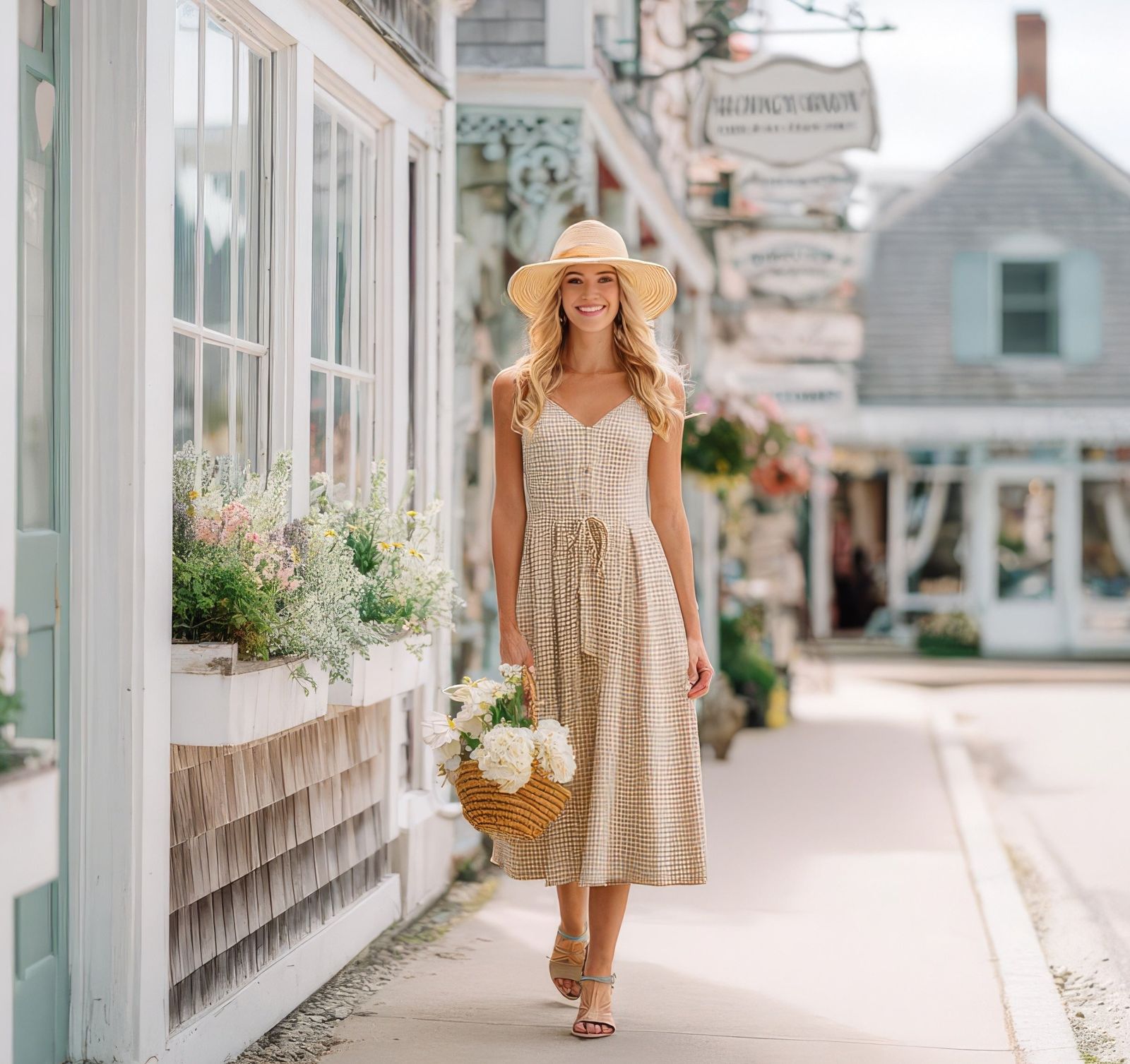 Beige and White Gingham Midi Dress with Straw Hat — Nantucket Outfits