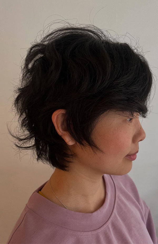 Dark Brown Chin Shag With Curtain Bangs — Fluffy Hair