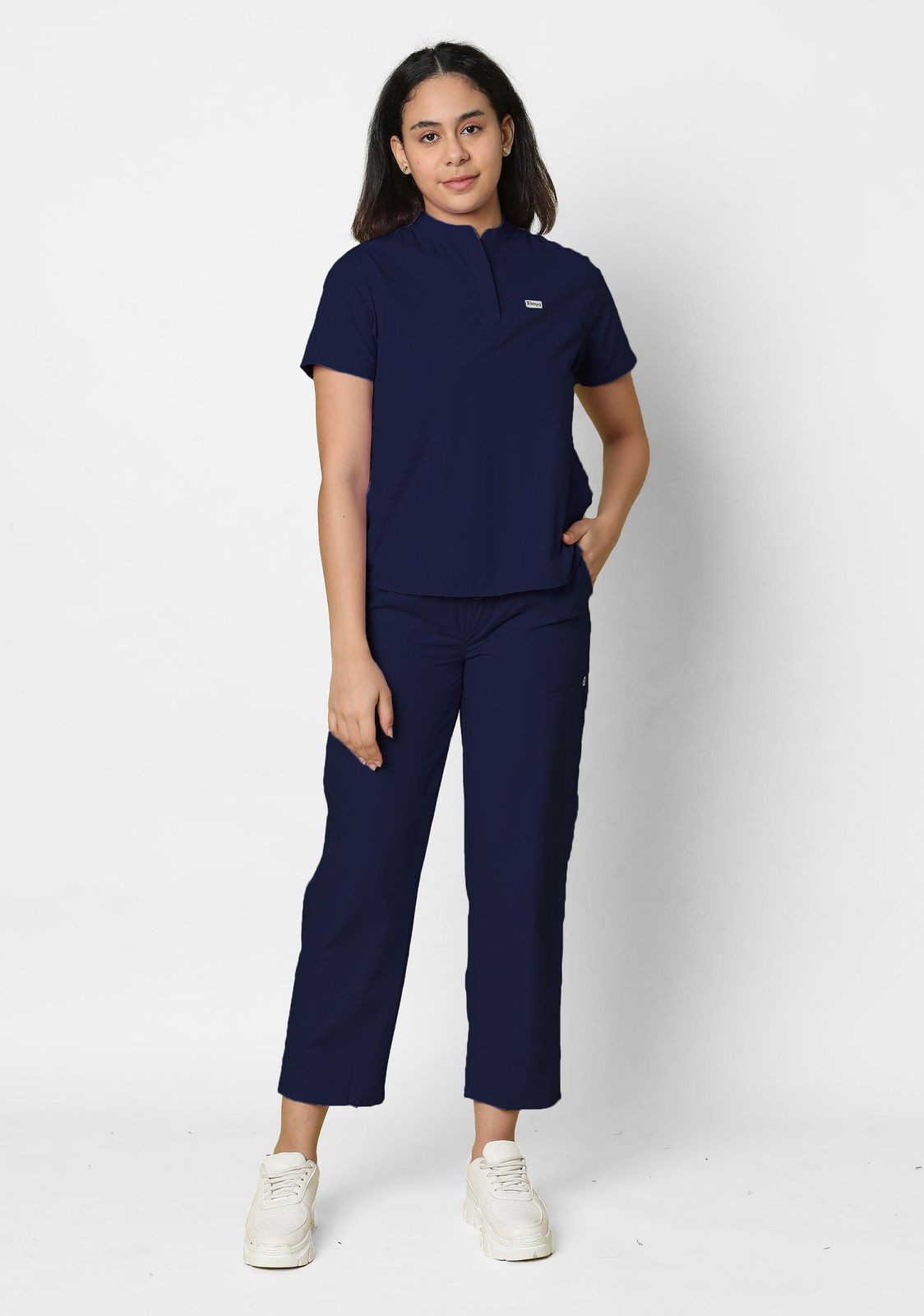 Navy Scrub Set with Striped Collar Detail Navy Scrub Set with Striped Collar Detail — Nurse Outfits