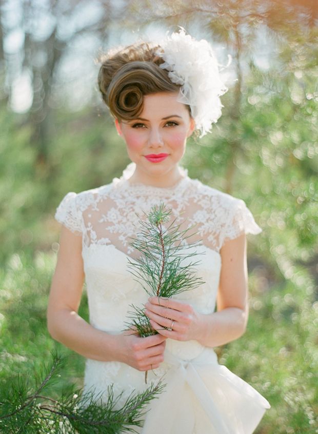 Light Brown Updo With Swirl and Feather — Vintage Wedding Hairstyles