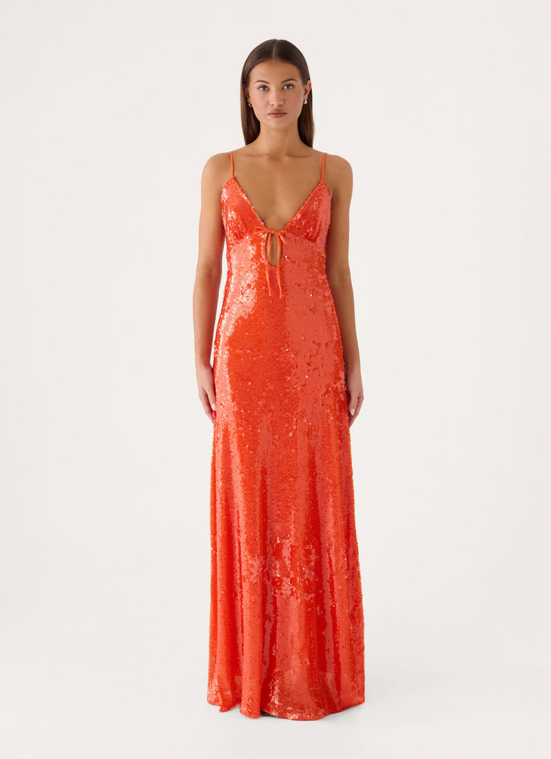 Orange Sequin Maxi Dress with Plunging V-Neck Tie Orange Sequin Maxi Dress with Plunging V-Neck Tie — Sequin Dresses