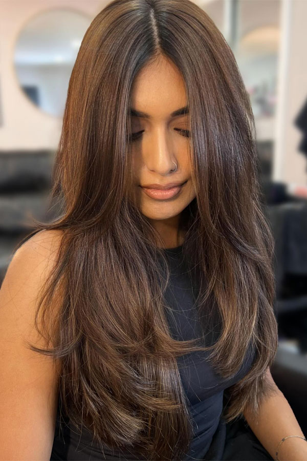 Mid-Back Dark Brown Layers with Soft Waves Mid-Back Dark Brown Layers with Soft Waves — Hairstyles for Long Hair