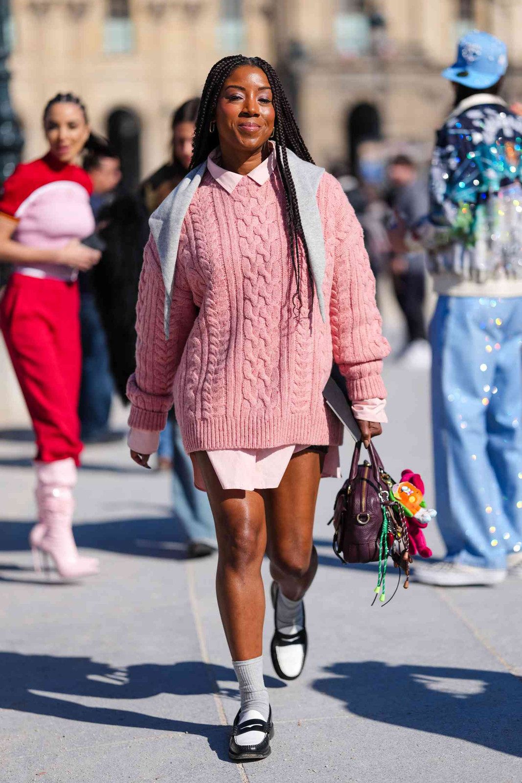 Playful Layers: Black and White Loafers with Grey Socks and Pink Knit Sweater Playful Layers: Black and White Loafers with Grey Socks and Pink Knit Sweater — Socks with Loafers Outfits