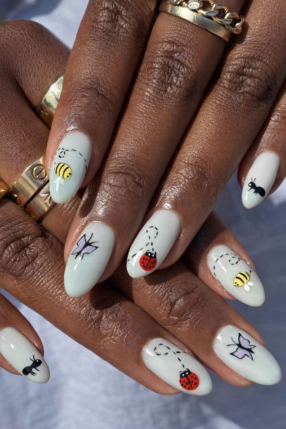 Pastel Insect Garden Oval Nails — Ladybug Nails